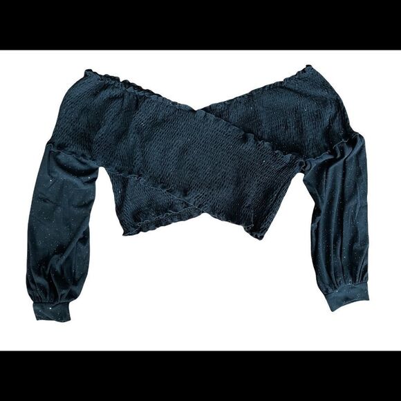 VERONA couture black sparkle smock faux wrap off shoulder crop top with sleeves - Picture 2 of 13